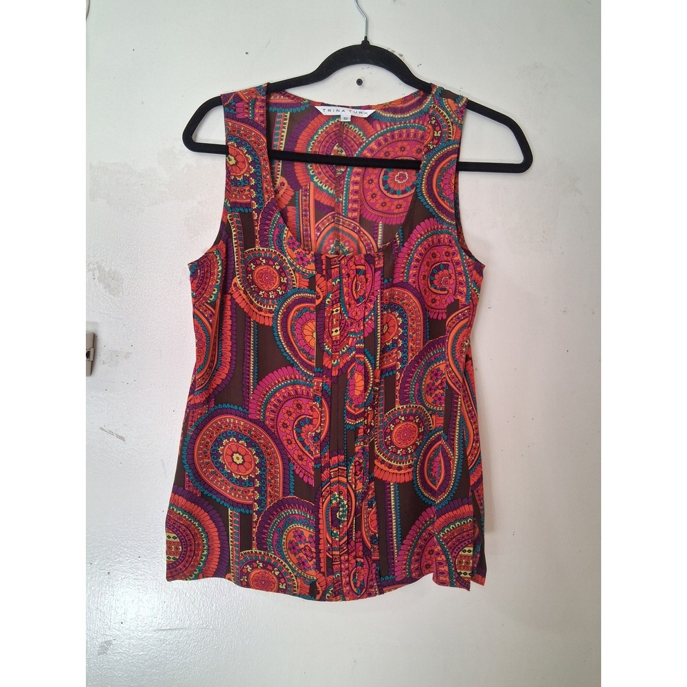 Trina Turk Womens Silk Sleeveless Paisley Pleated Blouse Multi Color Size S